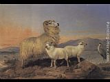 A Ewe with Lambs and a Heron Beside a Loch by Richard Ansdell